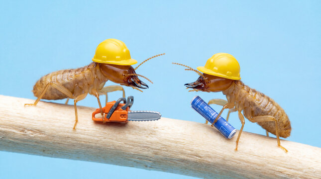 Two termites hard hats pictured, insects wearing yellow safety helmets on wooden branch. Termites hard hats feature one holding small chainsaw, another construction blueprint.