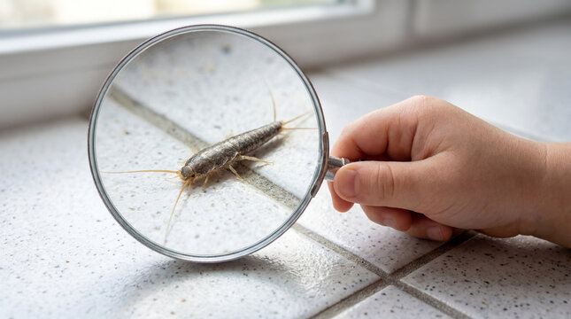 Silverfish Lepisma saccharinum on tile through magnifying glass, insect anatomy visible. Hand holds magnifying glass inspecting household pest silverfish, highlighting home issue.