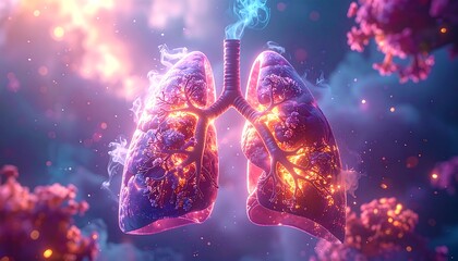 Artistic depiction of human lungs, illuminated with a blue and orange glow