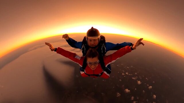 Tandem Skydive Over a Sunset Horizon.