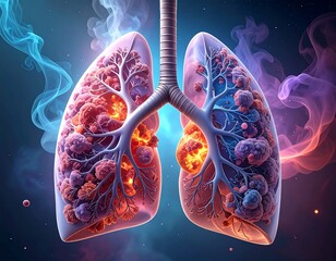Artistic depiction of human lungs, highlighting diseased areas with vibrant effects