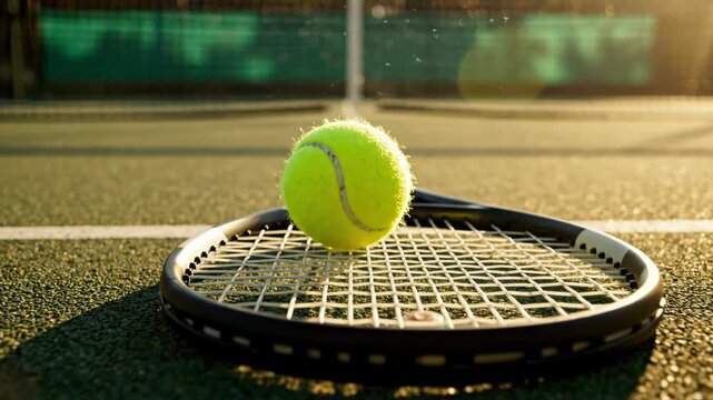 Tennis racket and ball on a tennis court with green surface and fence
