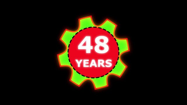 Abstract 48 years glow alphabet number in sphere. 48 years text animation effects anniversary with setting gear animation on black background.
