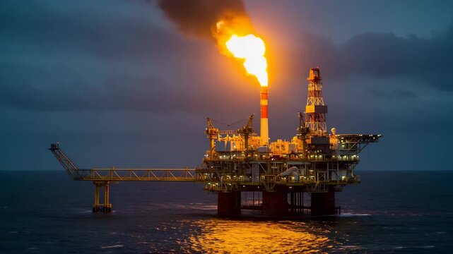 Offshore Oil Platform at Dusk with Flaring Gas Under a Cloudy Sky Petroleum Production and Extraction Infrastructure with Fire and Smoke Pollution