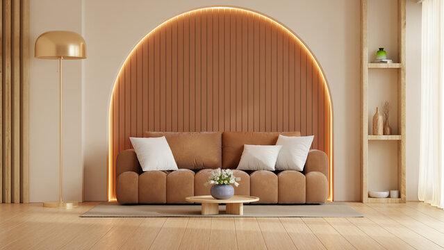 Minimalist living room interior with brown sofa and golden arch wall lighting design- 3D rendering