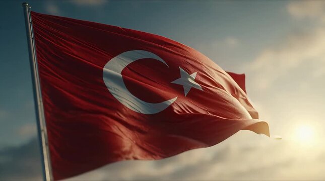 Turkish flag waving in the wind against blue sky