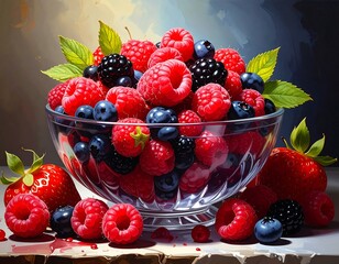Assorted berries overflowing a clear glass bowl, fruitfully arranged