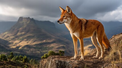 Fototapeta premium Ethiopian Wolf Standing Watch on Rocky Outcrop in Mountainous Landscape