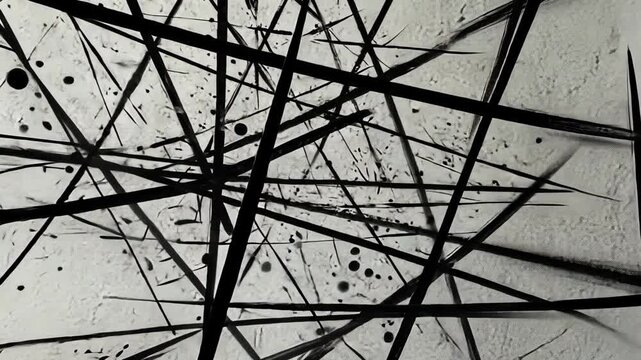 Abstract painting Intersecting black lines and splatters on a white background