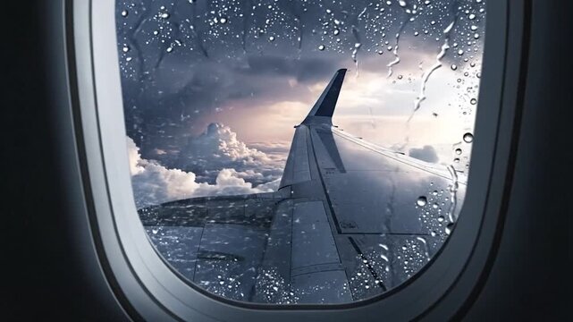 Airplane view through a rain-streaked window, showing wing against cloudy sky