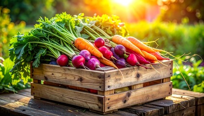 Assortment of fresh root vegetables displayed in a wooden crate