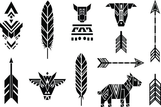Collection of black and white geometric tribal icons featuring arrows feathers and stylized animal heads