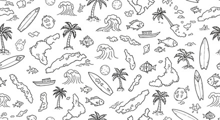 Fototapeta premium Surfing Adventure, Tropical Island, Summer Vibes, Illustration Art, Beach