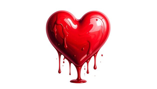 A vibrant, glossy heart dripping with rich red liquid against a stark white backdrop, evoking feelings of passion