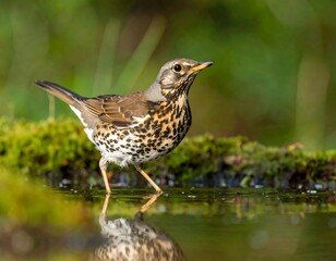 Bird standing in shallow water, reflecting on its presence
