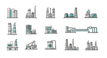 Obraz premium Collection of Industrial Factory Buildings and Machinery Icons.