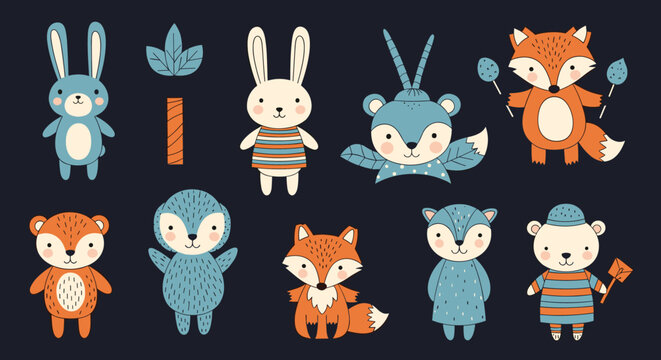 Charming collection of cute cartoon forest animals including bunnies, foxes, and bears in a palette of blue and orange on dark background.