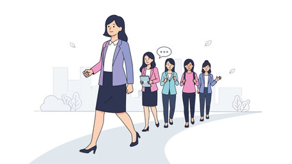 Fototapeta premium A confident woman in business attire leads a group of diverse women following her on a path, symbolizing leadership and mentorship.