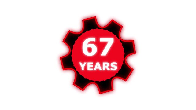 Abstract 67 years glow alphabet number in sphere. 67 years text animation effects anniversary with setting gear animation on black background.