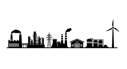 Obraz premium Industrial factory skyline with wind turbine silhouette.
