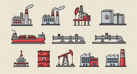 Industrial factory and oil rig icons set.