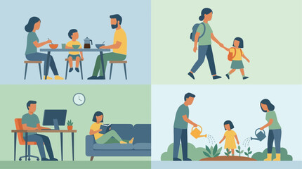 Fototapeta premium Flat vector illustration of a contemporary family's daily life, featuring shared meals, school walks, remote work, and gardening activities at home