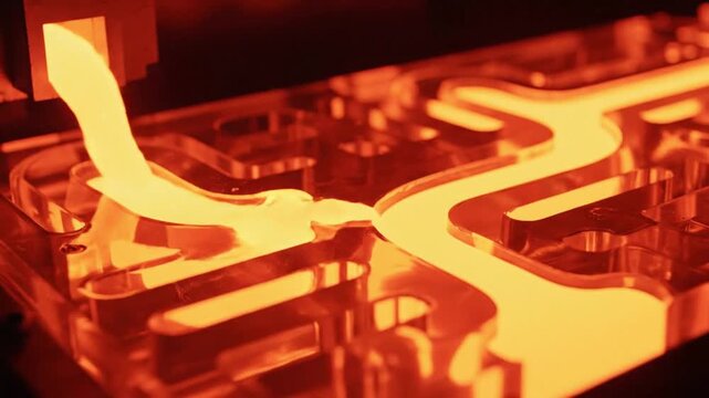 Molten metal flowing through a complex mold with intricate pathways and industrial machinery in a factory setting viewed from above