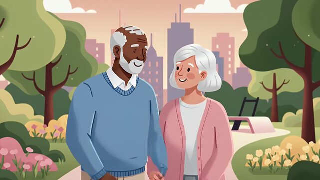 Elderly diverse couple holding hands walking in city park.