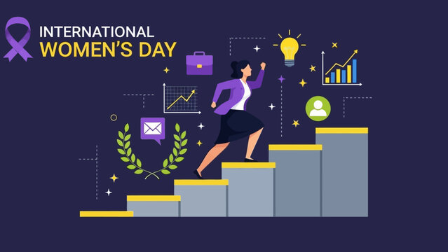 A determined businesswoman climbs a staircase towards success, celebrating International Women's Day with various business and achievement icons.