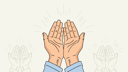 Obraz premium Illustration of two hands open in a gesture of prayer or supplication with radiating light.