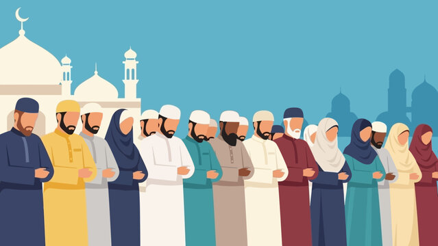 Diverse group of Muslim men and women praying together in front of a mosque, illustrating community, faith, and devotion.