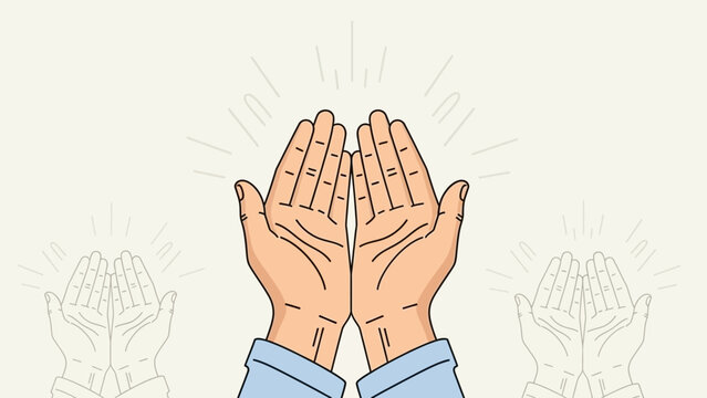 Illustration of two hands open in a gesture of prayer or supplication with radiating light.