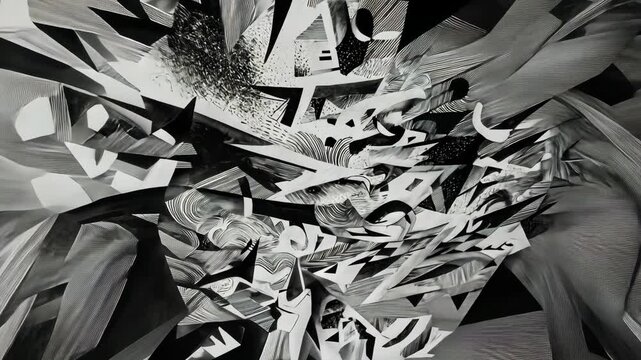 A monochromatic abstract composition featuring a complex array of overlapping shapes and textures