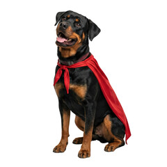 Fototapeta premium Rottweiler dog wearing red superhero cape, sitting and looking up, isolated on white