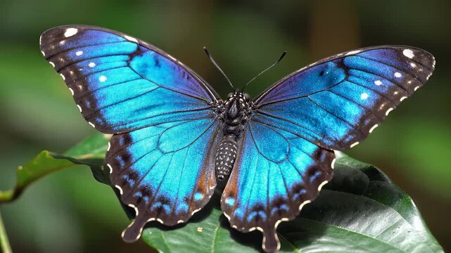 A blue morpho butterfly rests on a leaf in a lush green environment, viewed from directly above.