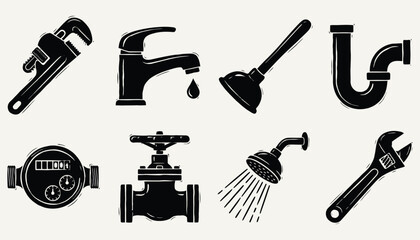 Obraz premium Plumbing Repair Tools and Fixtures Icons Set in Woodcut Style