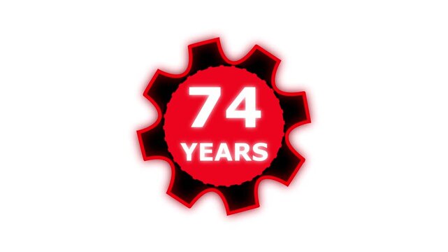 Abstract 74 years glow alphabet number in sphere. 74 years text animation effects anniversary with setting gear animation on black background.