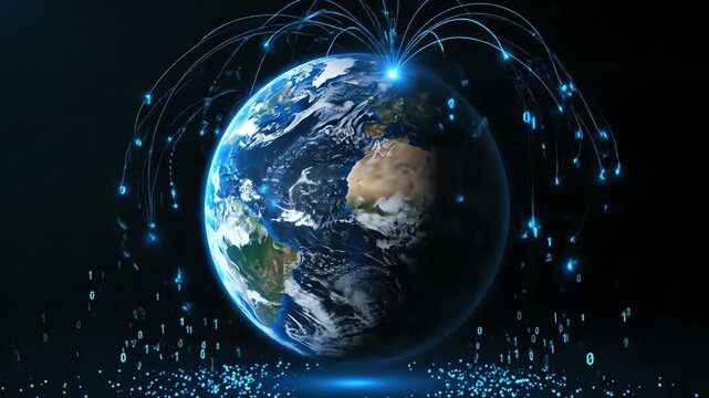 A mesmerizing digital representation of planet Earth, showcasing global network connections radiating outwards, with an artistic, futuristic, and technological depiction against a dark backg