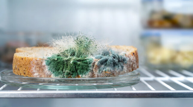 Macro photography of colorful bread mold on old bread slice. Penicillium mold, green and white, signifies food spoilage inside refrigerator. Concept for food hygiene, safety education,