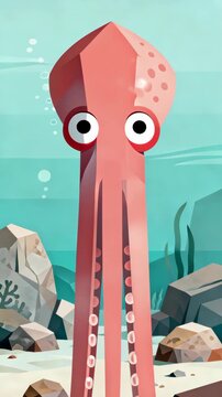 Cute Cartoon Squid Swimming in the Ocean Depths with Rocks and Bubbles.