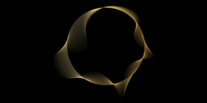 Abstract circle wave lines, gradient light equalizer gold wavy curve. Round frame in luxury golden color isolated on black background. Editable stroke. Vector illustration with copy space