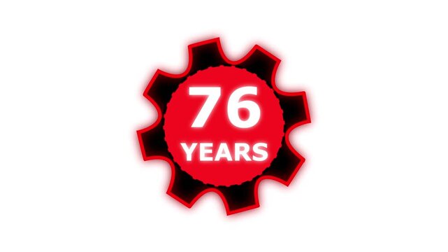 Abstract 76 years glow alphabet number in sphere. 76 years text animation effects anniversary with setting gear animation on black background.
