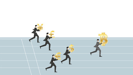 Fototapeta premium Businessman carrying Bitcoin leading competitors with major currency symbols on racing track, cryptocurrency vs fiat money competition concept