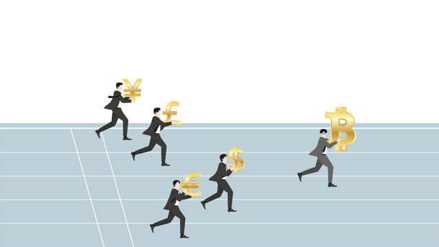 Businessman carrying Bitcoin leading competitors with major currency symbols on racing track, cryptocurrency vs fiat money competition concept