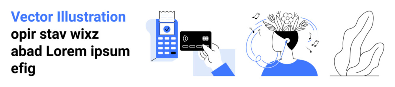 Digital payments, financial technology, creativity, online transactions, innovation, brain activity. Card reader with credit card, person with brain creativity. Digital payments and financial
