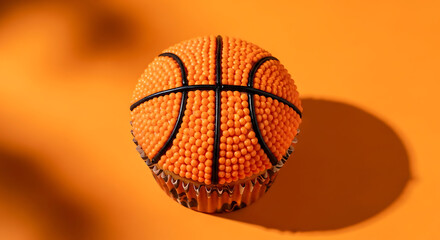 Fototapeta premium Basketball Themed Cupcake with Orange Sprinkles and Black Icing Ribbons on Orange Background
