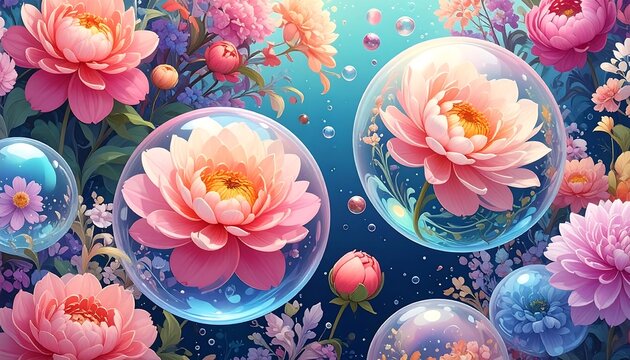 A vibrant garden bursts with colorful flowers, some encased in transparent bubbles, creating a whimsical and dreamy aesthetic. The background is a gradient of blue