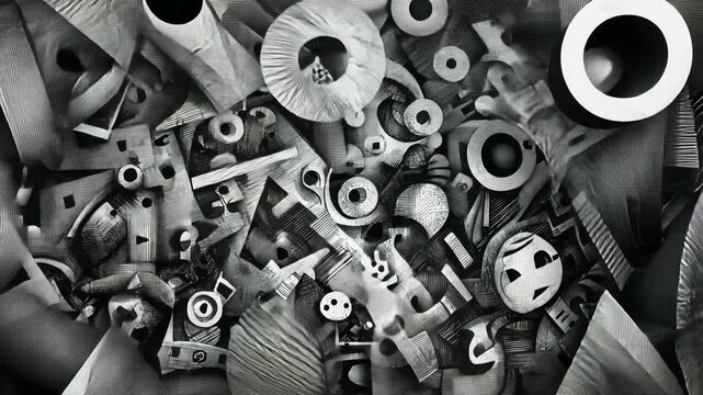 A dense, grayscale abstract composition featuring an array of geometric and organic shapes