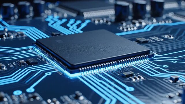 Closeup of a computer microchip on a blue circuit board with glowing blue lines