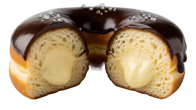 Chocolate donut with creamy filling cut in half on a clean white background from a straight viewpoint